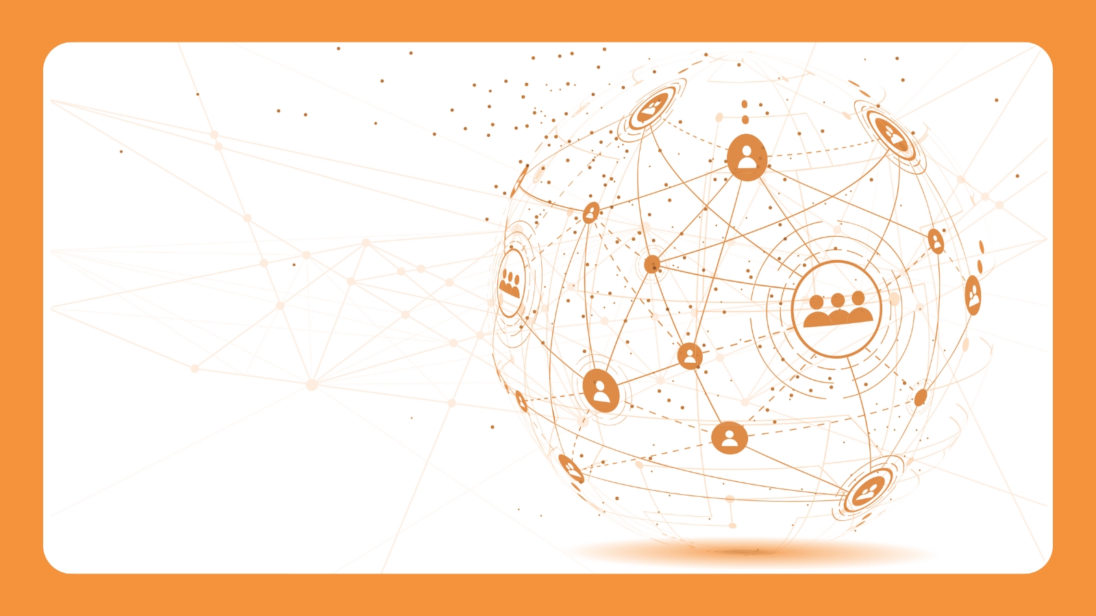 Editor’s Letter Globe An orange sphere made from a web of connections, with icons of people.